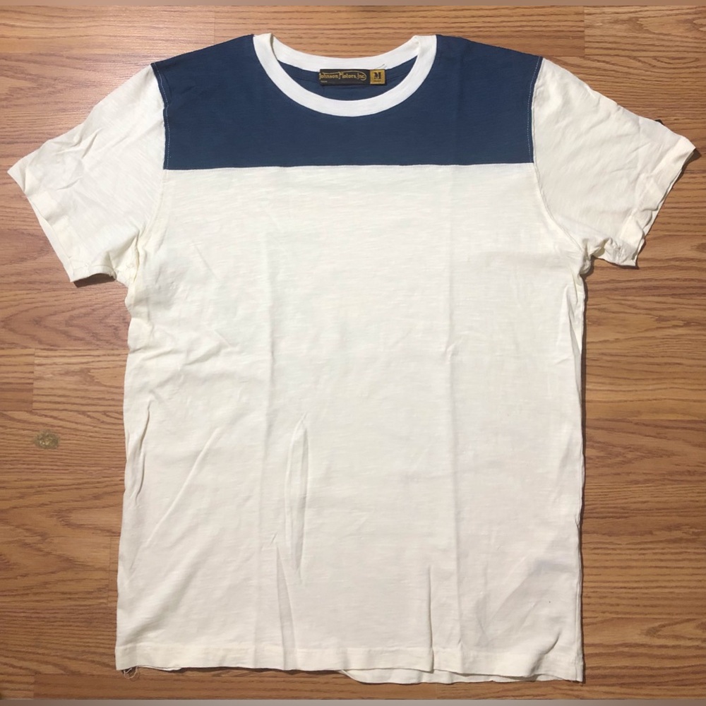 Johnson Motors Inc Ivory & Blue Color Block T-Shirt Mens M USA Made NWOT